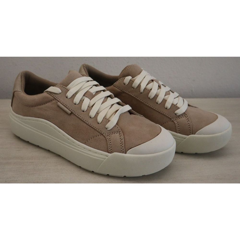 Dr. Scholl's Women's Sz 7M Taupe/Beige Microfiber Time Off Lace-Up Sneakers